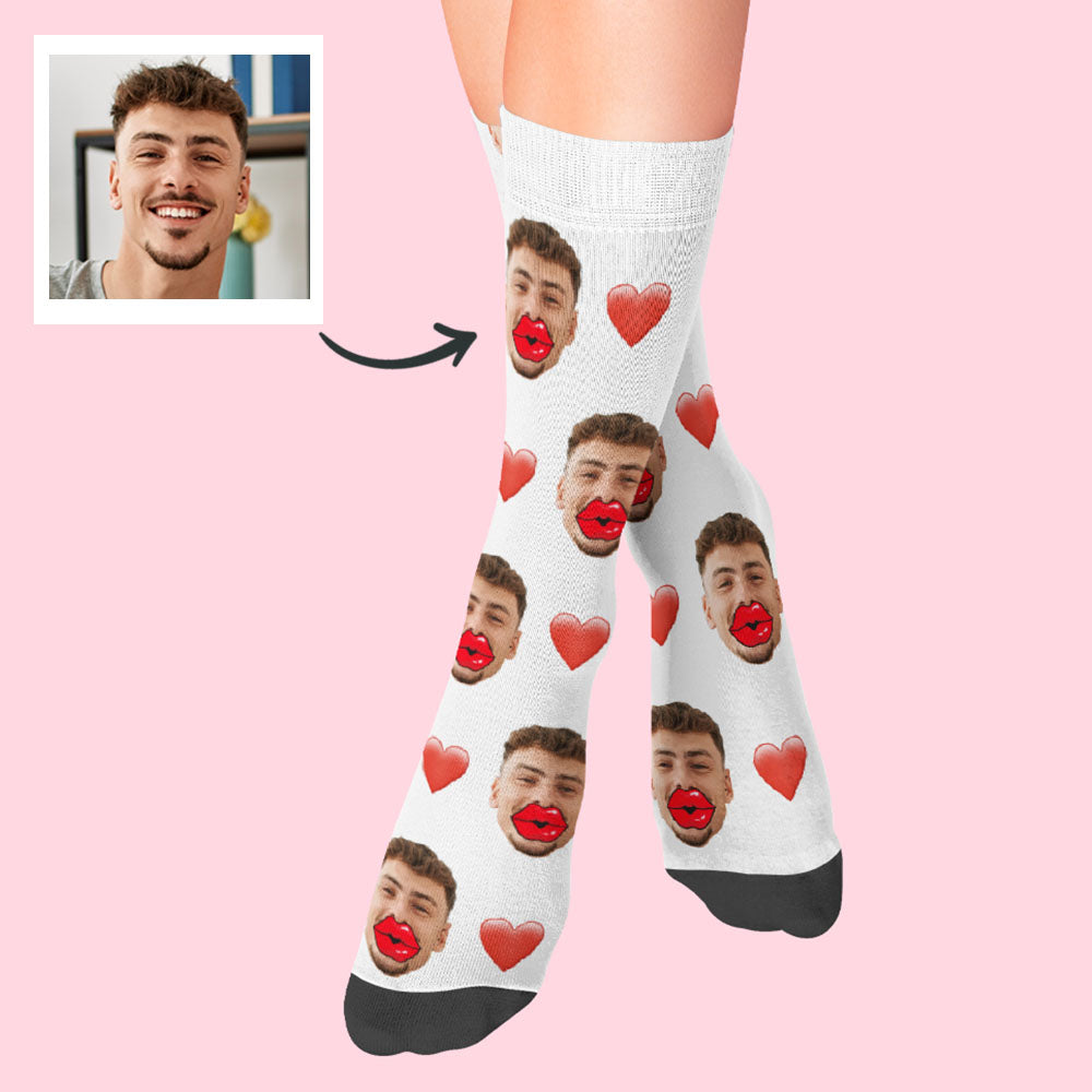 Custom Face Socks Personalized Unisex Socks with Heart and Red Lips