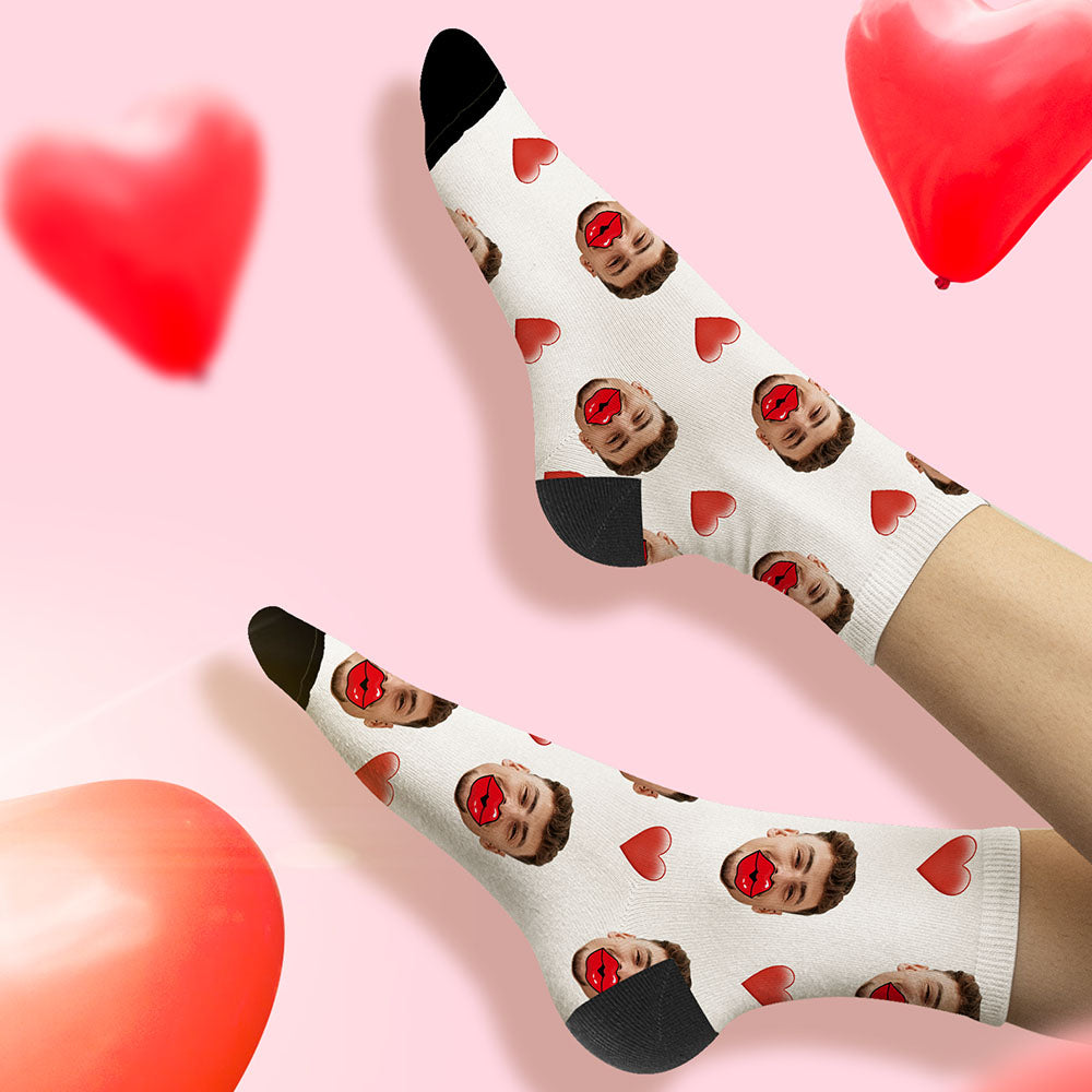 Custom Face Socks Personalized Unisex Socks with Heart and Red Lips