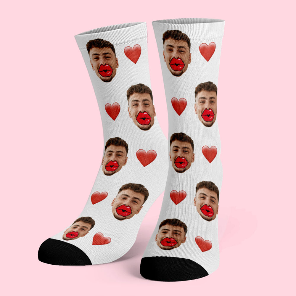 Custom Face Socks Personalized Unisex Socks with Heart and Red Lips