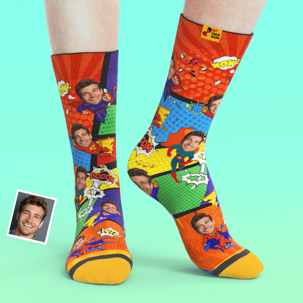 Custom Socks My Face Socks Add Pictures and Name - Superhero