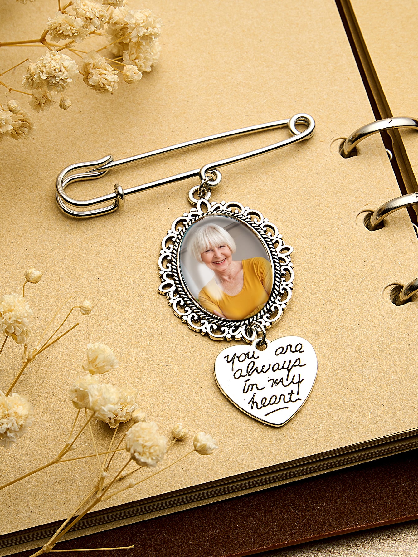 Personalized Angel Wings Pin Brooch Wedding Bouquet Photo Charm Wedding Memorial Gift for Bride