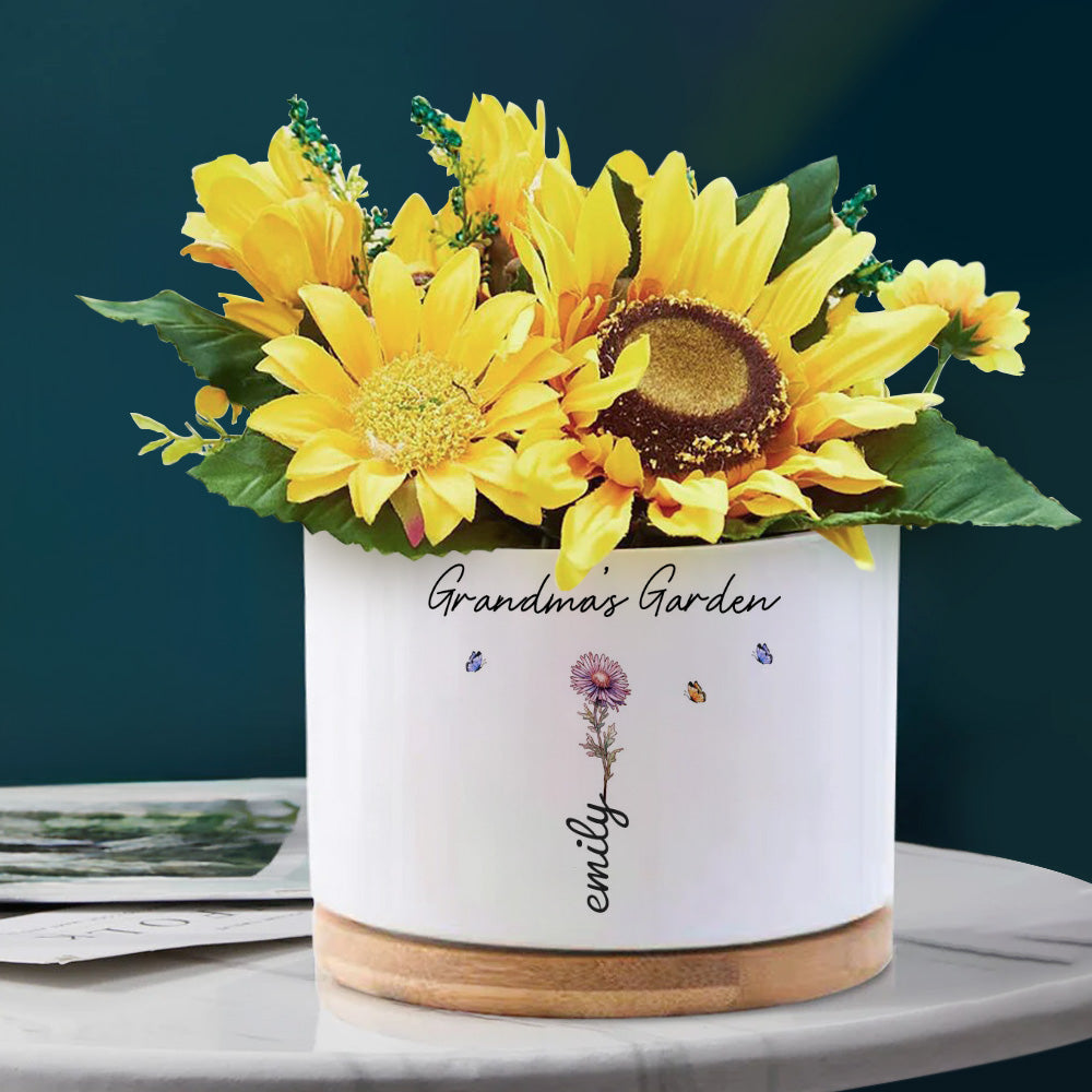 Custom Ceramic Flower Pot with Birth Flower and Name – Personalized Planter Gift