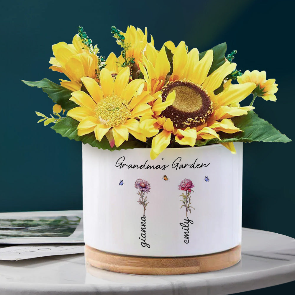 Custom Ceramic Flower Pot with Birth Flower and Name – Personalized Planter Gift