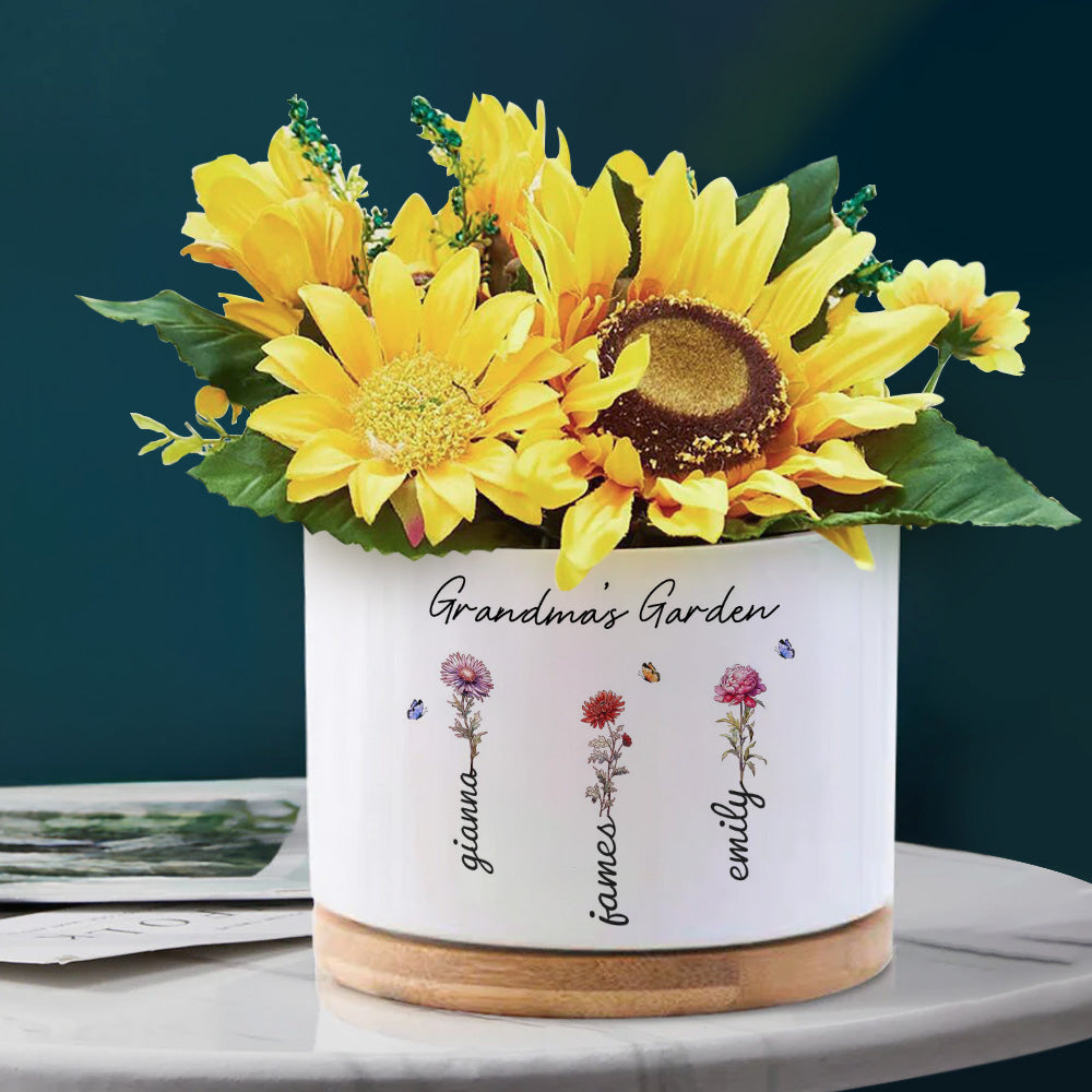 Custom Ceramic Flower Pot with Birth Flower and Name – Personalized Planter Gift