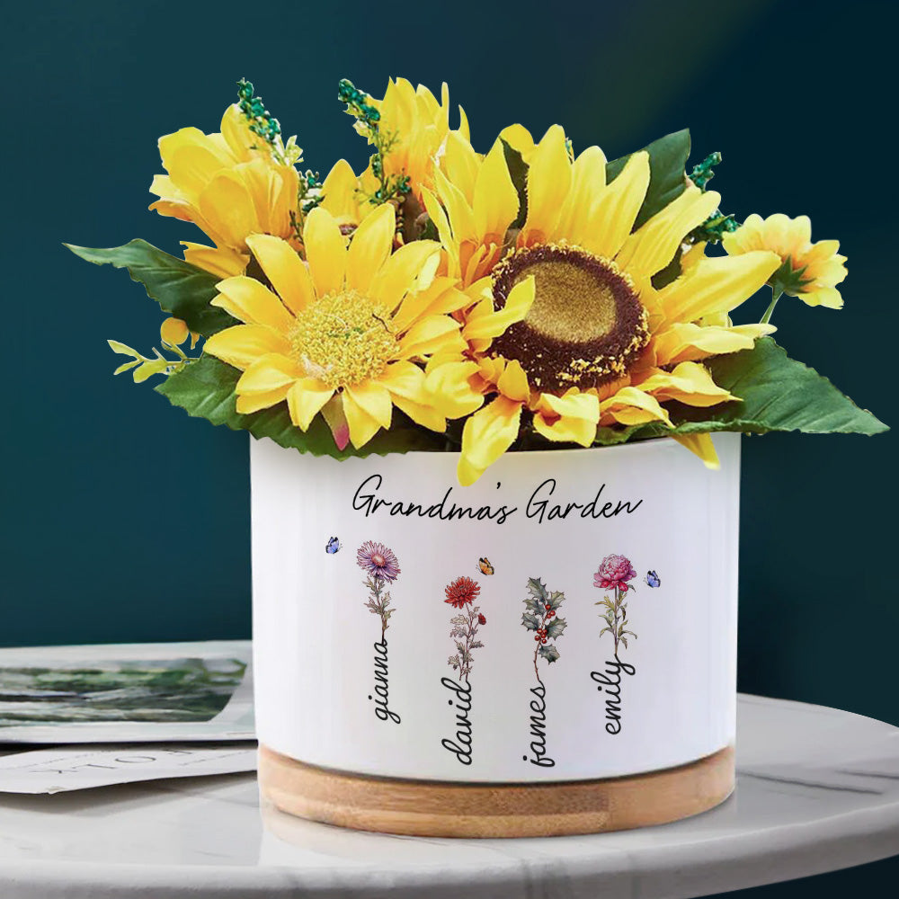 Custom Ceramic Flower Pot with Birth Flower and Name – Personalized Planter Gift