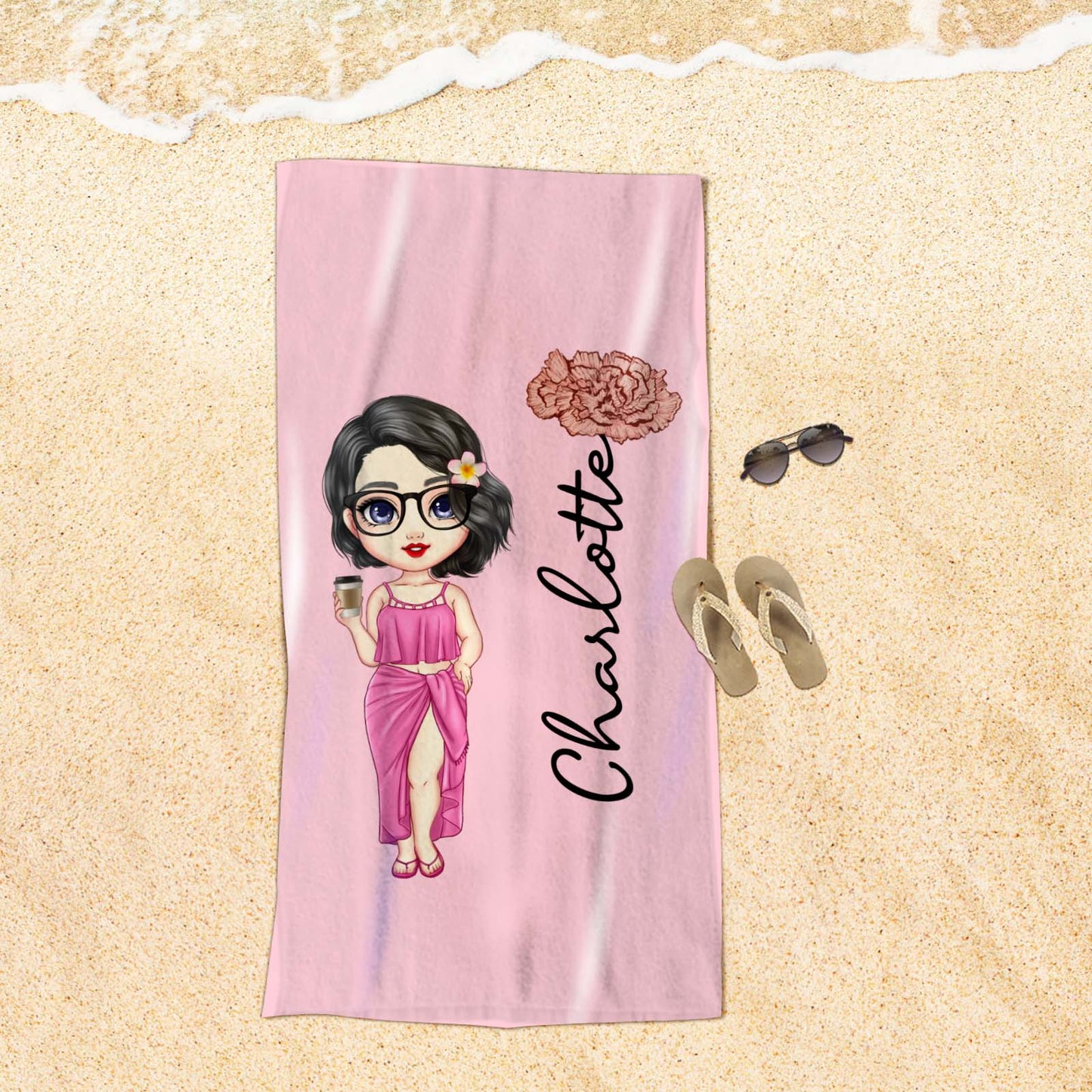 Custom Cartoon Women Girl Birth Flower Multicolor Beach Towel Personalized Name Vacation Beach Towel Gift for Friend