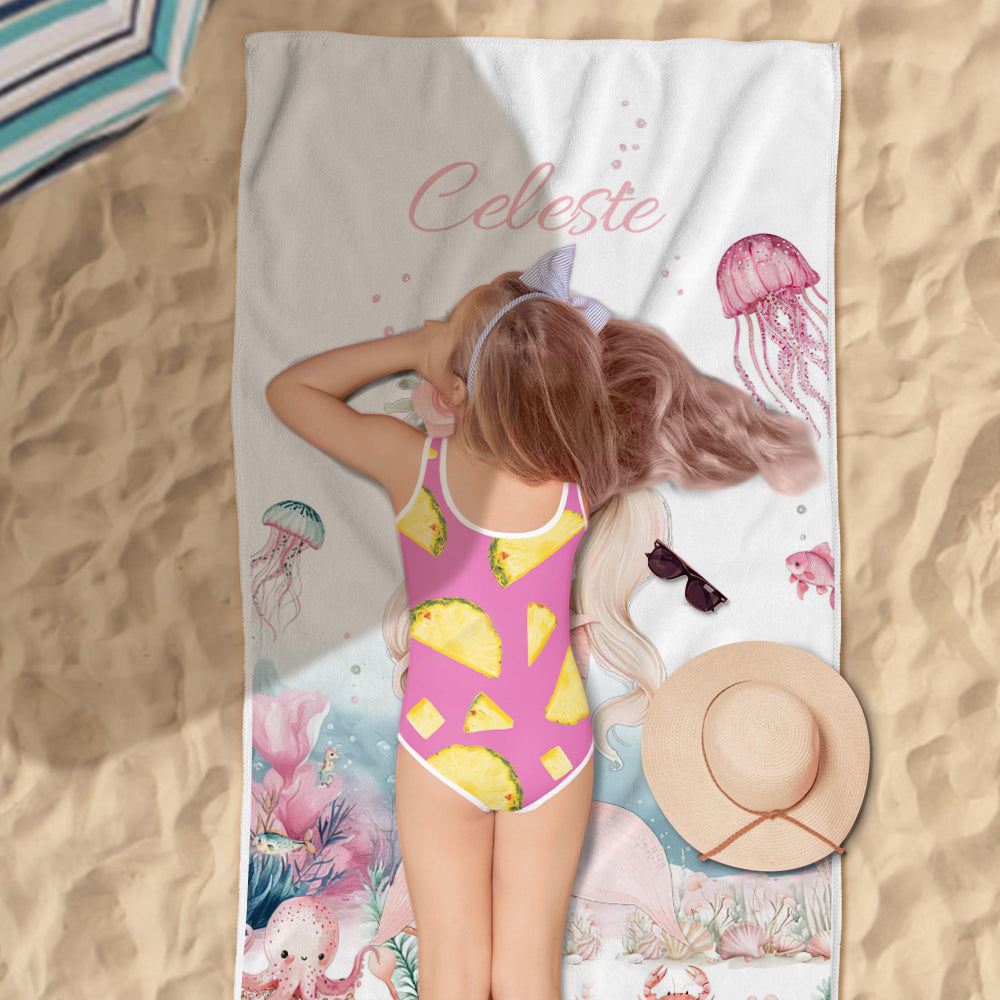 Personalized Cute Mermaid Beach Towel with Name Beach Vacation Accessories Gift for Girl