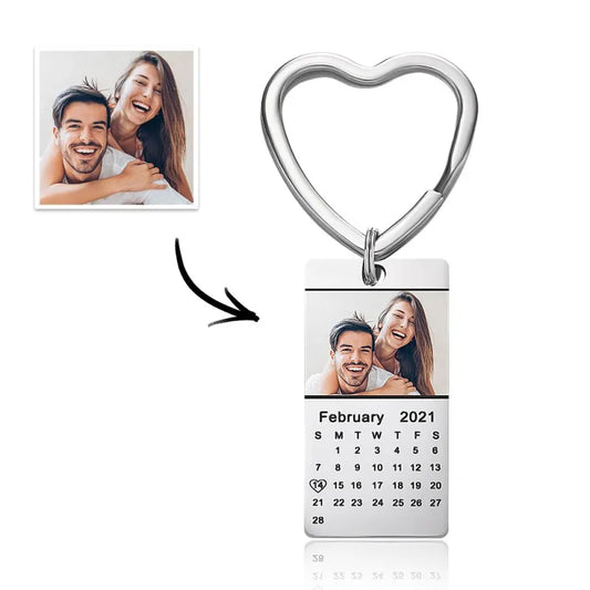 Personalized Photo Calendar Keychain Stainless Steel Keyring Anniversary Gifts for Him