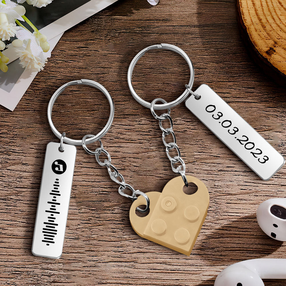 Personalized Music Code and Date Matching Couples Love Heart Bricks Keychain for Couples