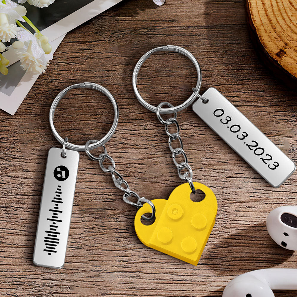 Personalized Music Code and Date Matching Couples Love Heart Bricks Keychain for Couples