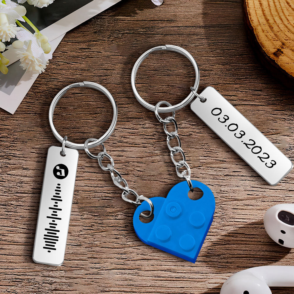 Personalized Music Code and Date Matching Couples Love Heart Bricks Keychain for Couples