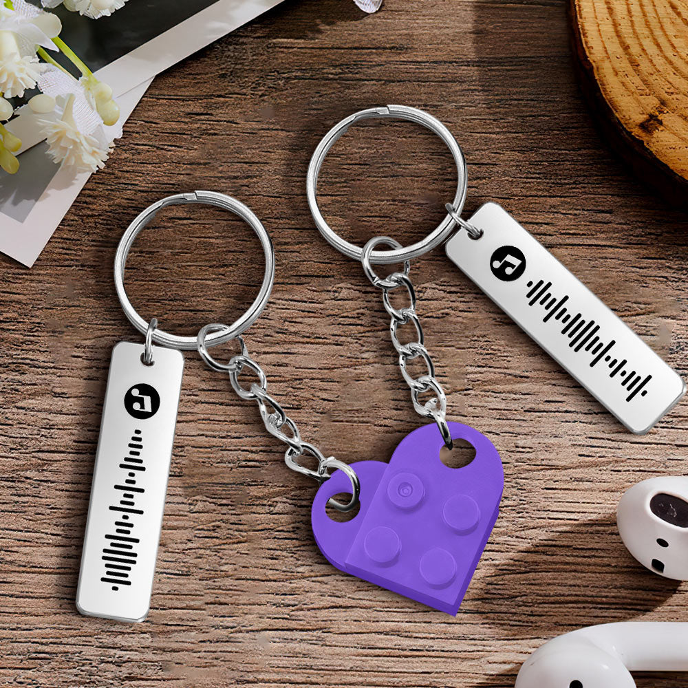 Personalized Music Code Matching Couples Love Heart Bricks Keychain for Couples