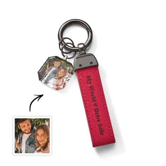 Drive Safe My Love Personalized Laser Engraved PU Leather Crystal Photo KeyChain