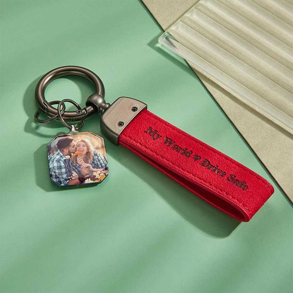 Drive Safe My Love Personalized Laser Engraved PU Leather Crystal Photo KeyChain