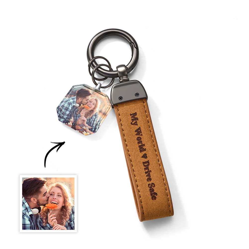 Drive Safe My Love Personalized Laser Engraved PU Leather Crystal Photo KeyChain