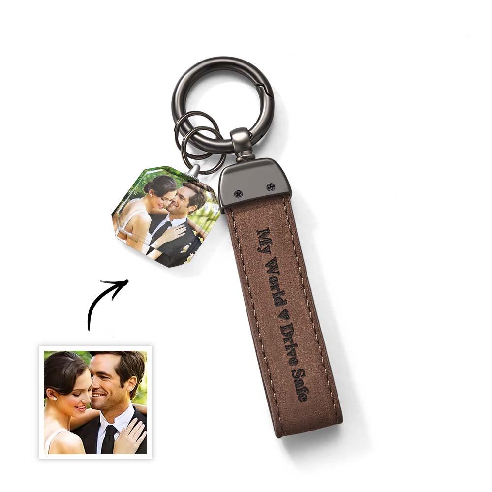 Drive Safe My Love Personalized Laser Engraved PU Leather Crystal Photo KeyChain