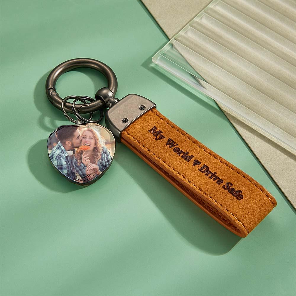 Drive Safe My Love Personalized Laser Engraved PU Leather Crystal Photo KeyChain