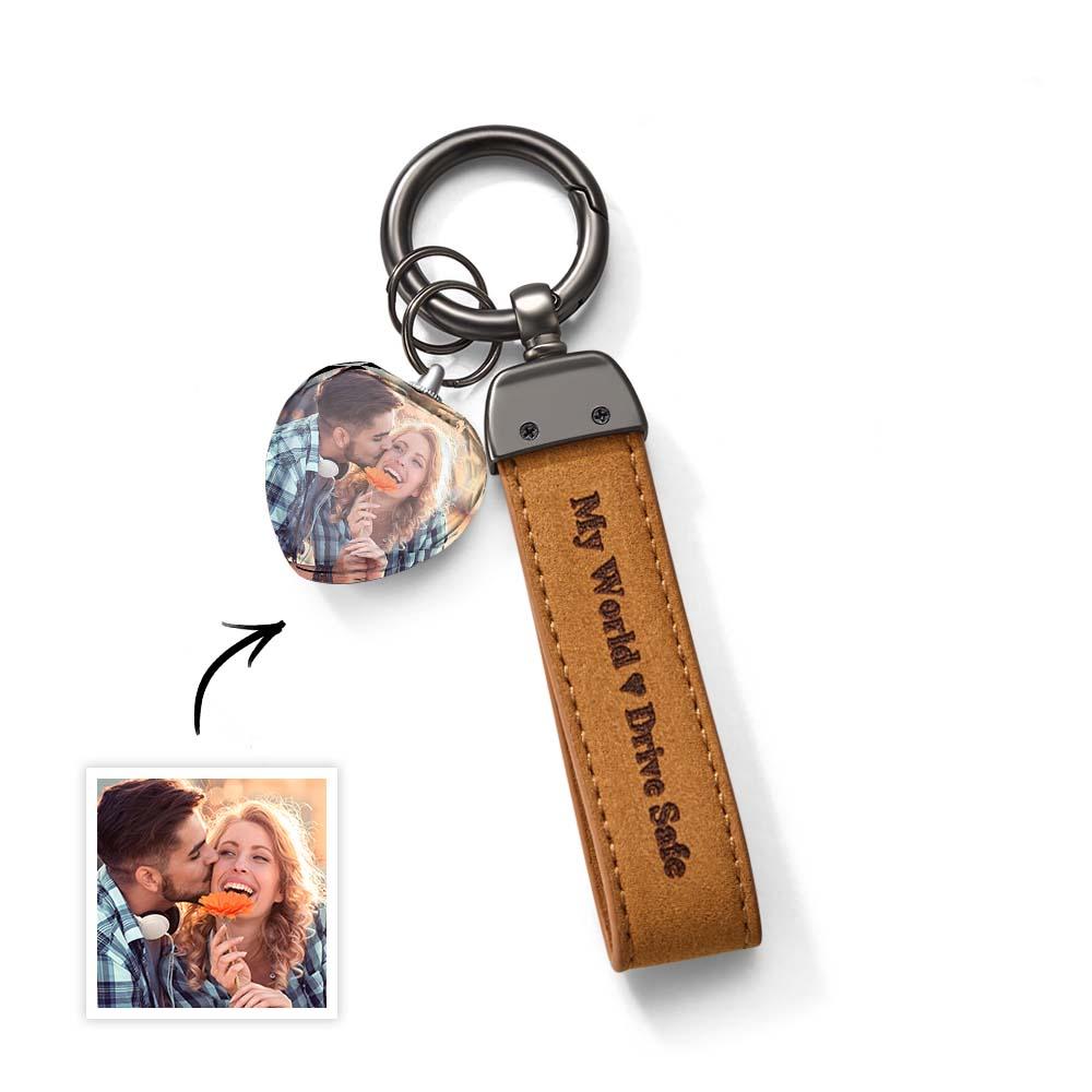 Drive Safe My Love Personalized Laser Engraved PU Leather Crystal Photo KeyChain