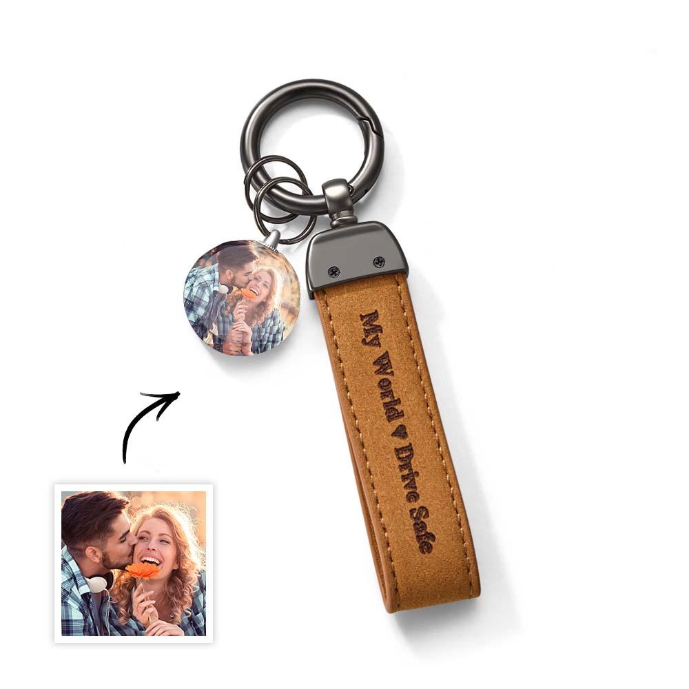 Drive Safe My Love Personalized Laser Engraved PU Leather Crystal Photo KeyChain