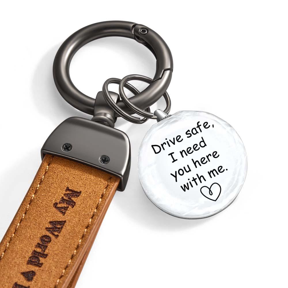 Drive Safe My Love Personalized Laser Engraved PU Leather Crystal Photo KeyChain