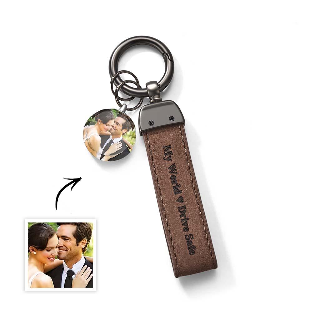 Drive Safe My Love Personalized Laser Engraved PU Leather Crystal Photo KeyChain