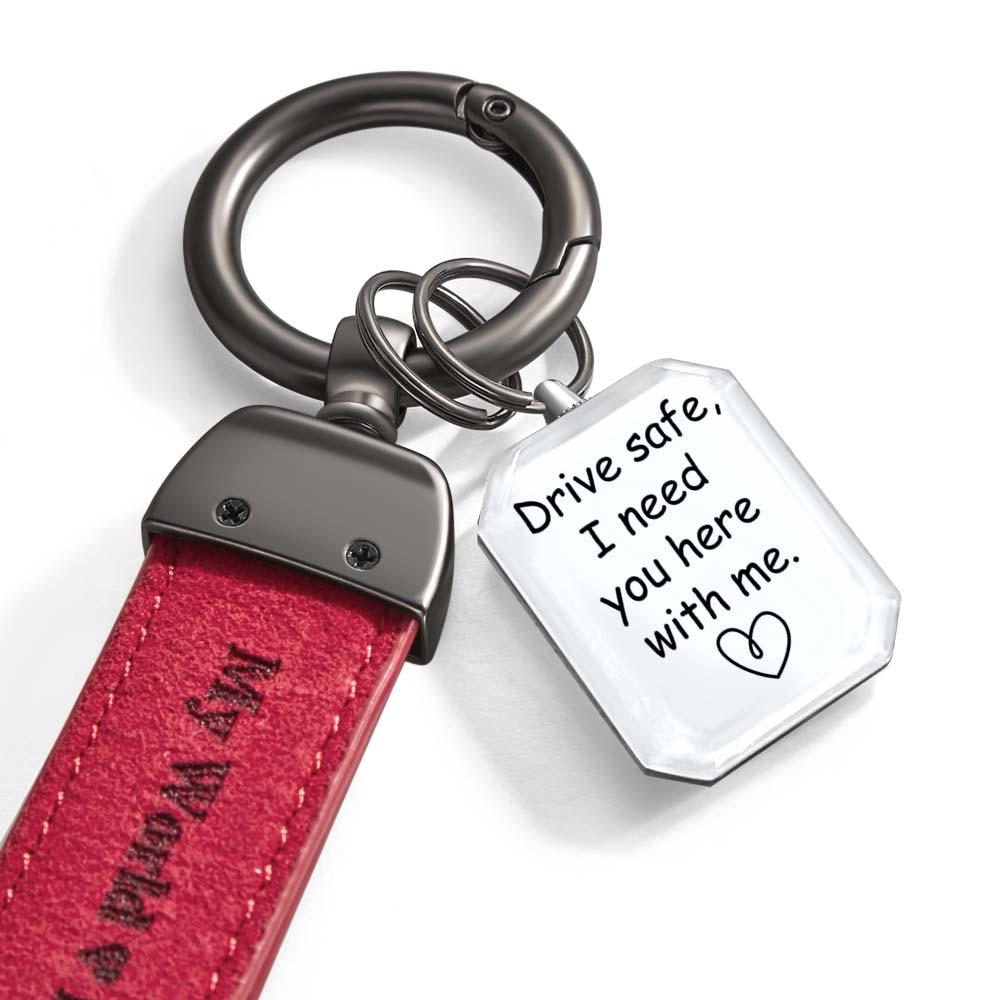 Drive Safe My Love Personalized Laser Engraved PU Leather Crystal Photo KeyChain