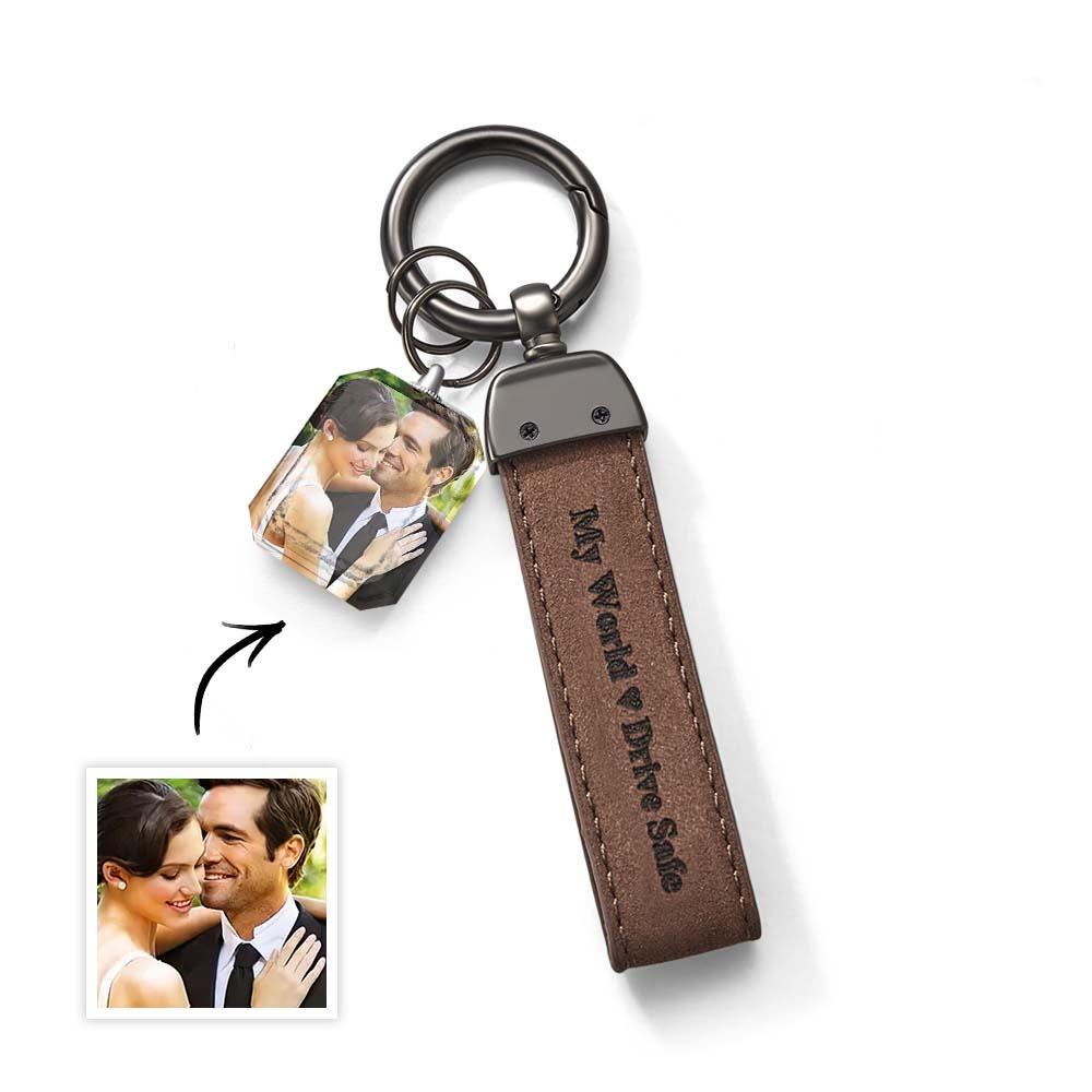 Drive Safe My Love Personalized Laser Engraved PU Leather Crystal Photo KeyChain