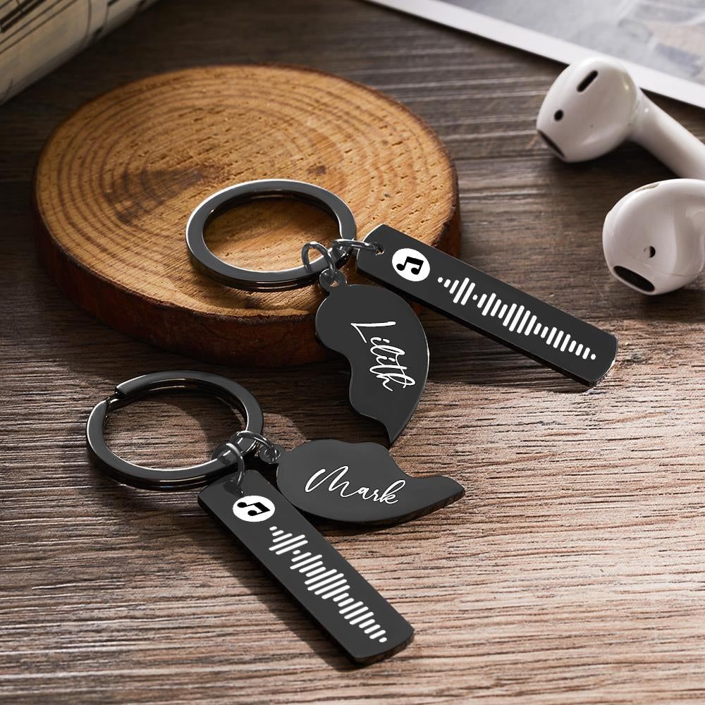 2 Personalized Heart Shape Music Code Keychain Valentine's Day Gift Engraved Name Keychain