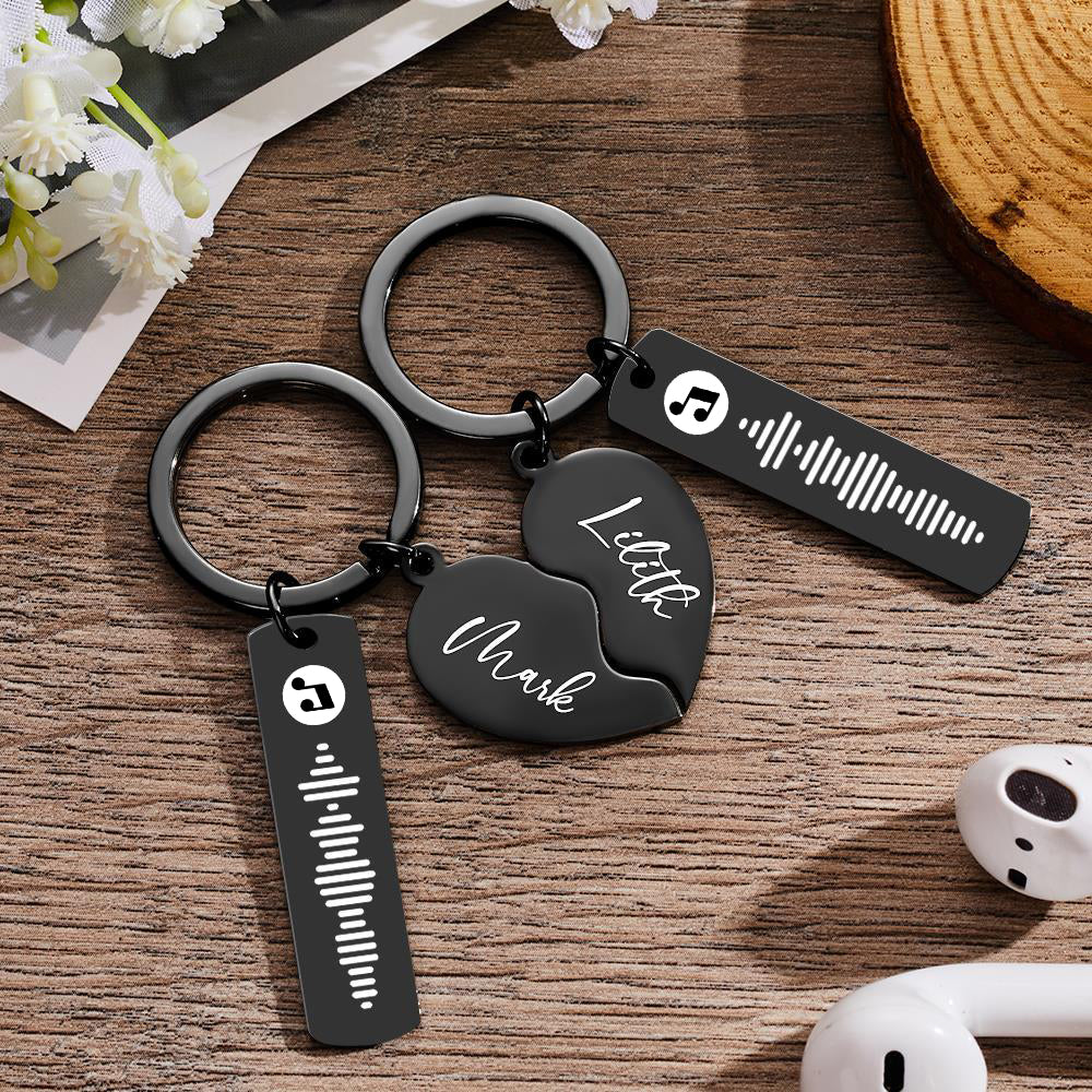 2 Personalized Heart Shape Music Code Keychain Valentine's Day Gift Engraved Name Keychain