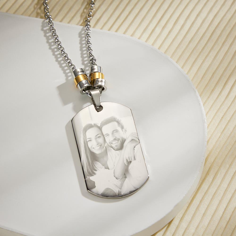 Personalized Square Photo Necklace With Engraved Beads Pendant Gifts For Lovers