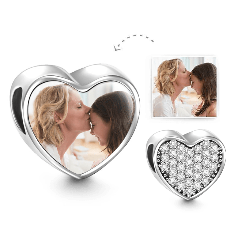 Custom Heart Photo Charm Personalized Picture Bead with Pave CZ