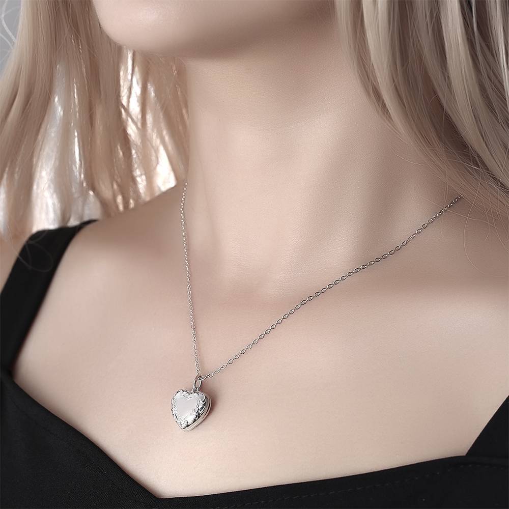 Embossed Heart Photo Locket Necklace with Engraving Platinum Plated Wedding Gift