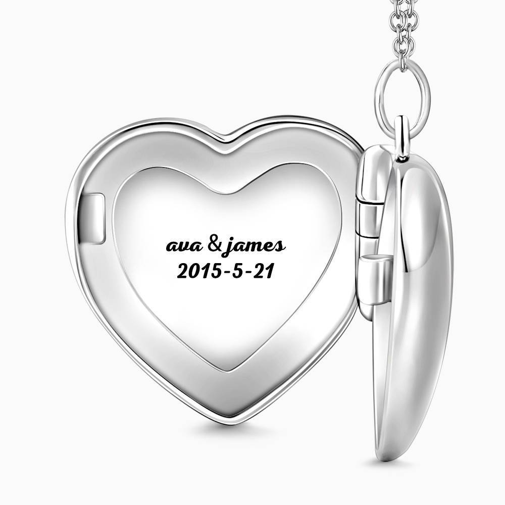 Embossed Heart Photo Locket Necklace with Engraving Platinum Plated Wedding Gift