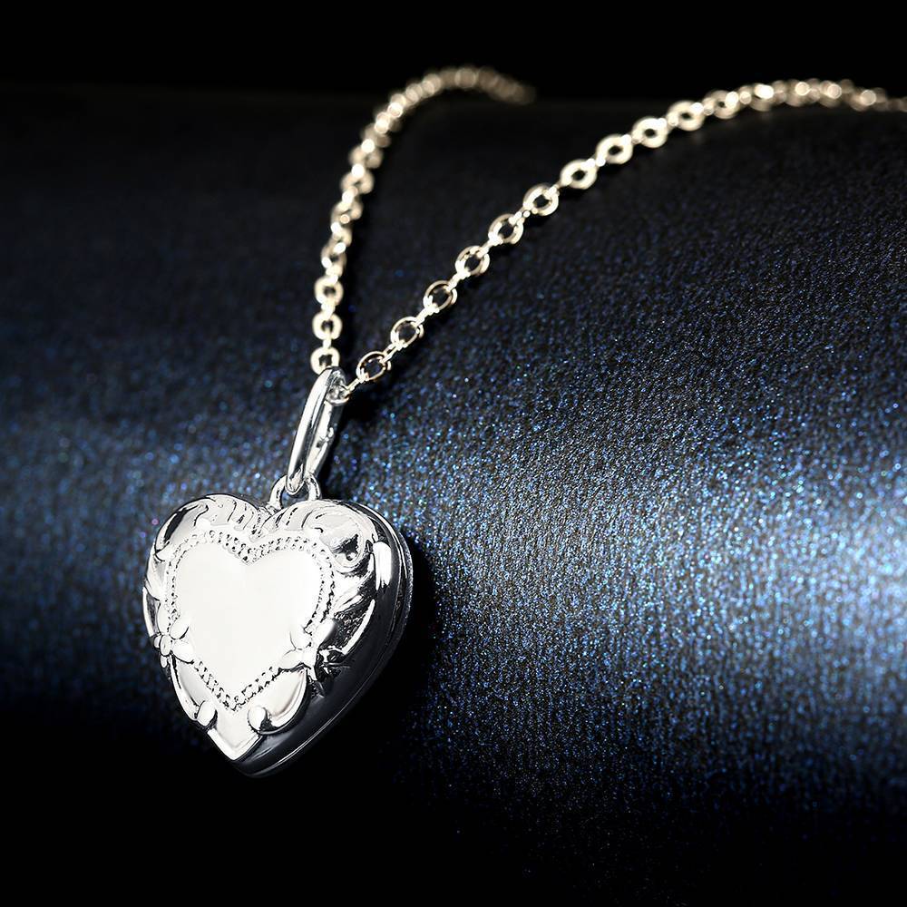 Embossed Heart Photo Locket Necklace with Engraving Platinum Plated Wedding Gift