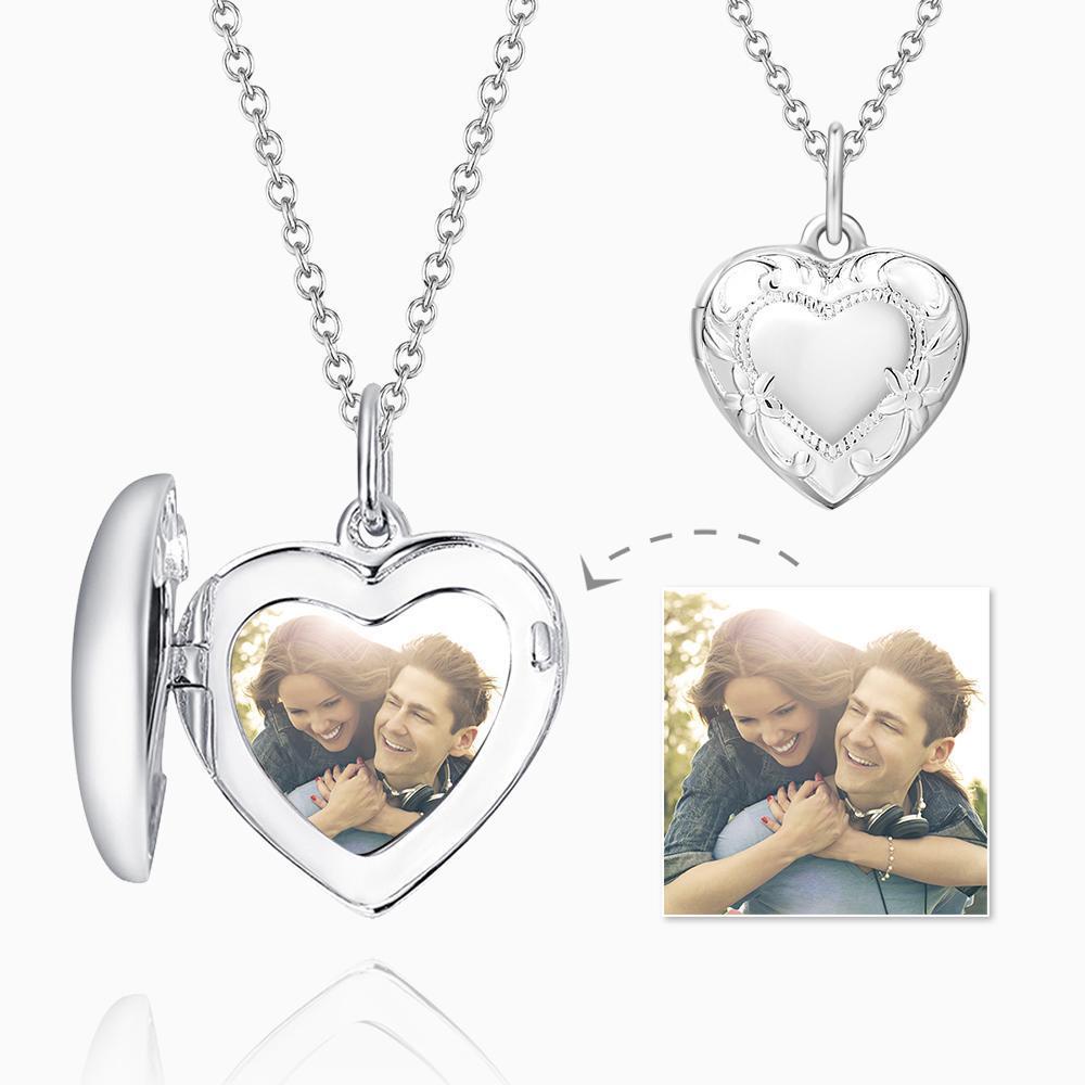 Embossed Heart Photo Locket Necklace with Engraving Platinum Plated Wedding Gift