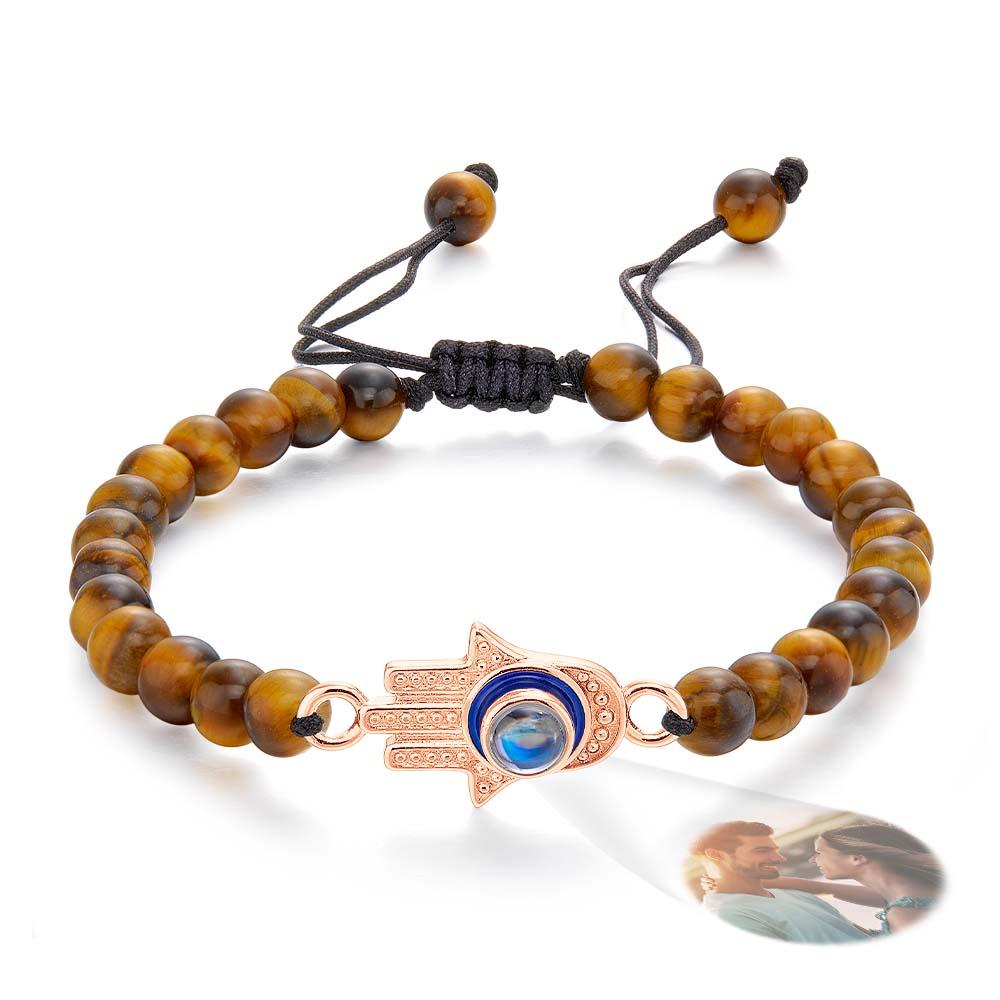 Custom Photo Projection Bracelet Tiger Eye Beaded Hamsa Evil Eye Men's Amulet Bracelet for Him