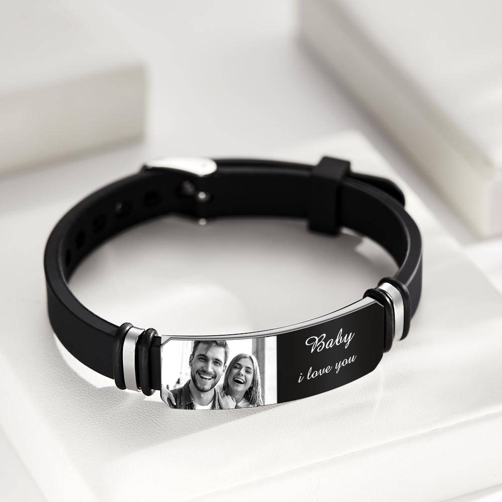 Custom Men's Photo Engraved  Bracelet Wedding Gift For Anniversary Newly Married Couple Personalized Bracelet Black Filter