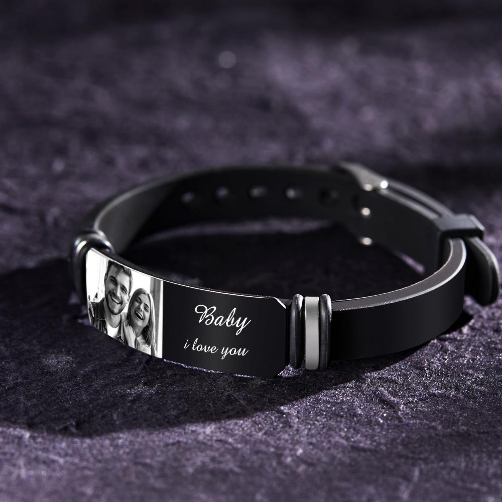 Custom Men's Photo Engraved  Bracelet Wedding Gift For Anniversary Newly Married Couple Personalized Bracelet Black Filter