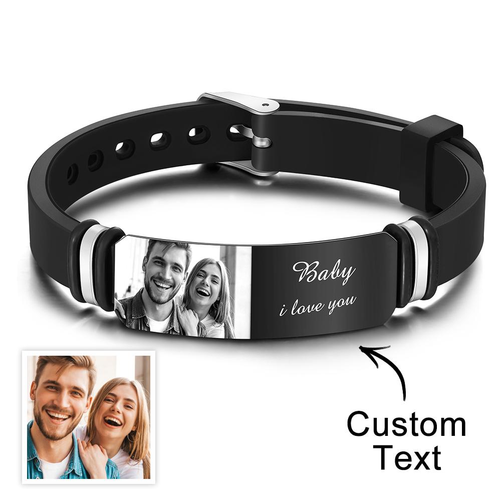 Custom Men's Photo Engraved  Bracelet Wedding Gift For Anniversary Newly Married Couple Personalized Bracelet Black Filter