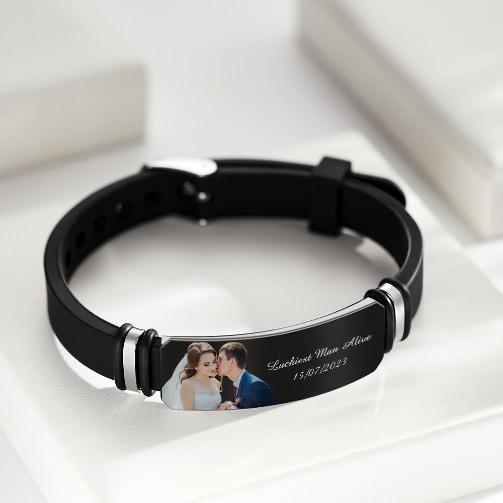 Custom Men's Photo Engraved  Bracelet Wedding Gift For Anniversary Newly Married Couple Personalized Bracelet Black Filter