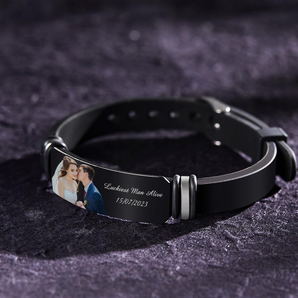 Custom Men's Photo Engraved  Bracelet Wedding Gift For Anniversary Newly Married Couple Personalized Bracelet Black Filter