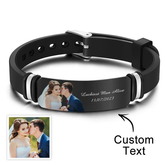 Custom Men's Photo Engraved  Bracelet Wedding Gift For Anniversary Newly Married Couple Personalized Bracelet Black Filter