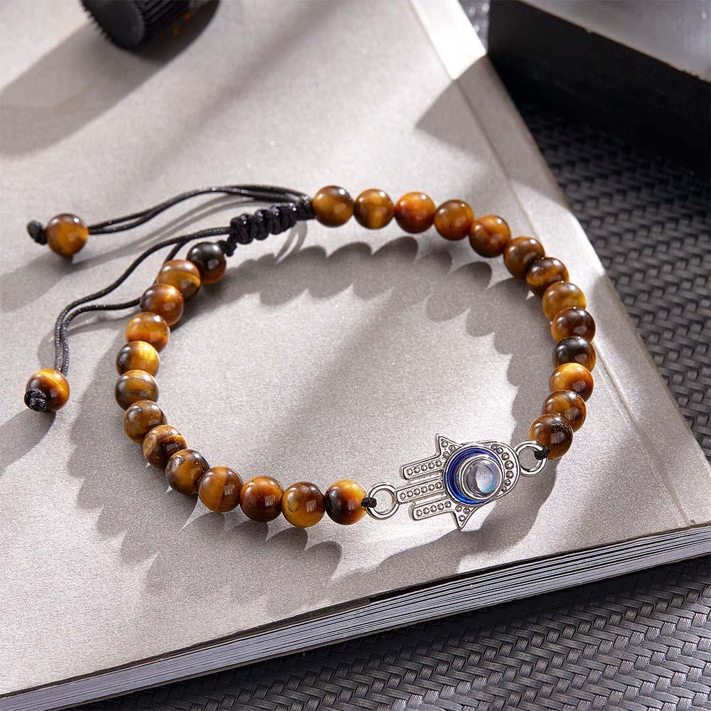 Custom Photo Projection Bracelet Tiger Eye Beaded Hamsa Evil Eye Men's Amulet Bracelet for Him