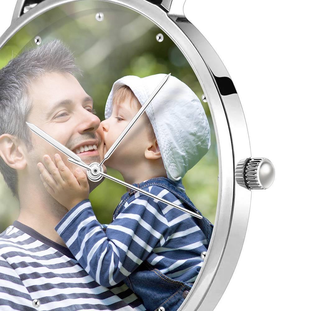 Personalized Engraved Watch, Photo Watch with Black Leather Strap