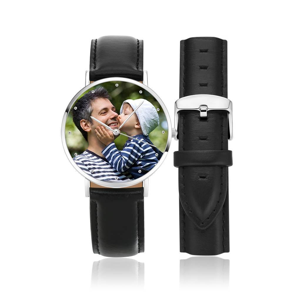 Personalized Engraved Watch, Photo Watch with Black Leather Strap