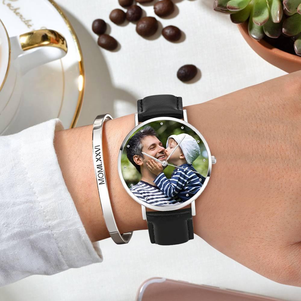 Personalized Engraved Watch, Photo Watch with Black Leather Strap