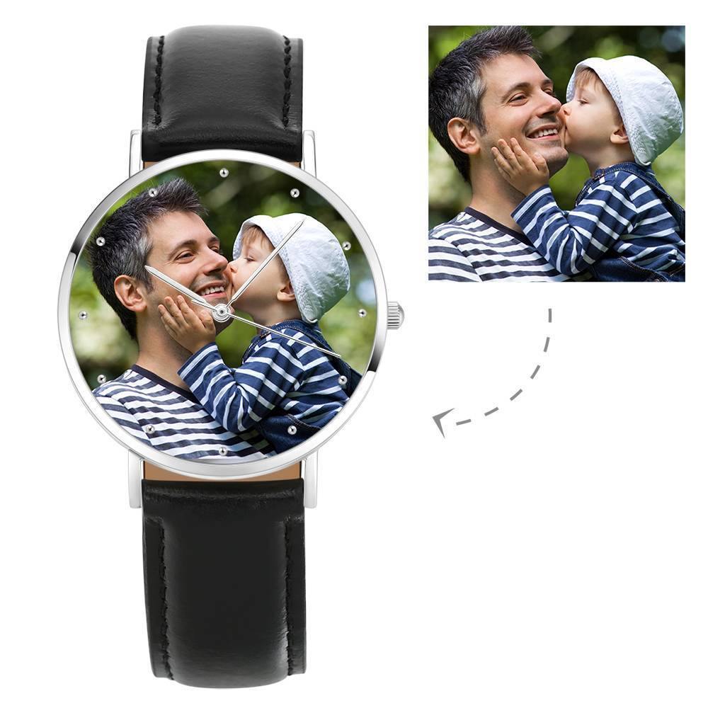 Personalized Engraved Watch, Photo Watch with Black Leather Strap