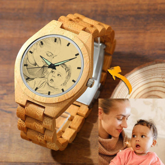 Personalized Engraved Wooden Men's Photo Watch 45mm