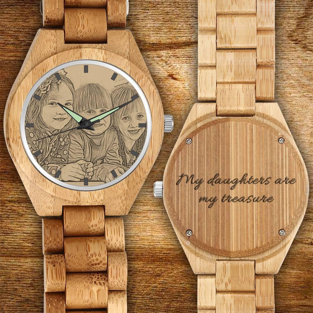 Personalized Engraved Wooden Men's Photo Watch 45mm