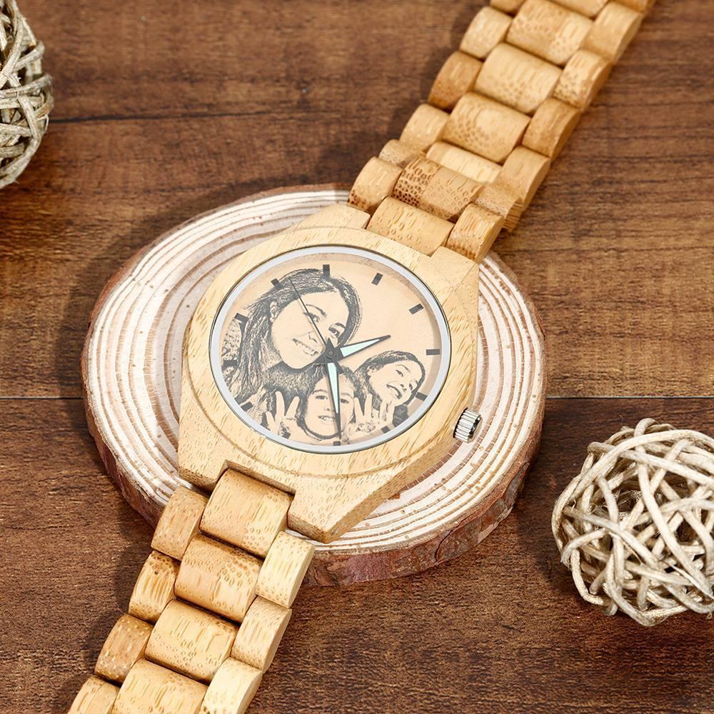 Personalized Engraved Wooden Men's Photo Watch 45mm